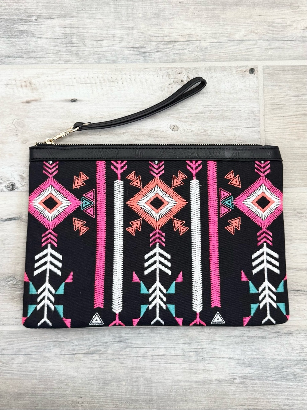Embroidered Black Hot Pink Canvas Leather Zipper Clutch